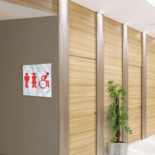 Panneau pictogramme de signalisation fun · Toilettes Trio H/F PMR | Texture Marbre Rouge