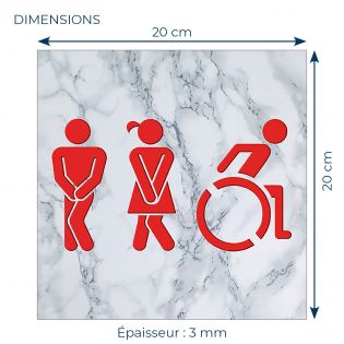 Panneau pictogramme de signalisation fun · Toilettes Trio H/F PMR | Texture Marbre Rouge