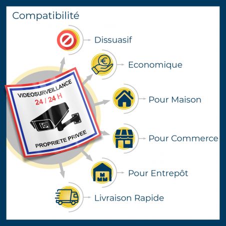 Lot de 2 stickers Vidéo Surveillance 24/24 H - 9 x 9 cm - Autocollant Alarme Maison, Panneau Vidéo Surveillance Extérieur, Systè