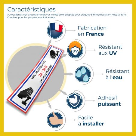 Lot de 2 Stickers Vidéo Surveillance 24/24 H – Format 18 x 4,5 cm – Panneau Maison Sous Surveillance – Autocollant Alarme Maison