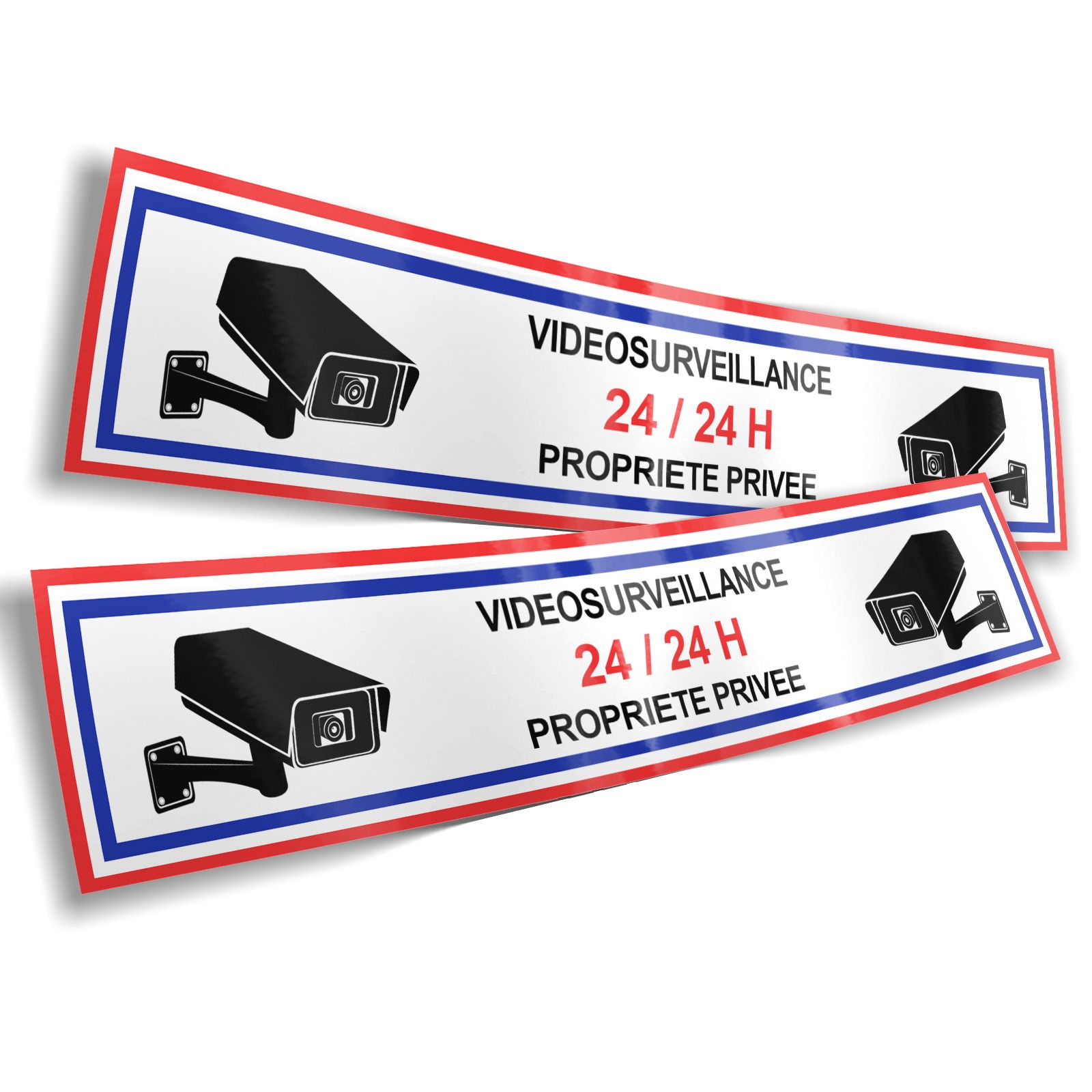 Lot de 2 Stickers Vidéo Surveillance 24/24 H – Format 18 x 4,5 cm – Panneau Maison Sous Surveillance – Autocollant Alarme Maison