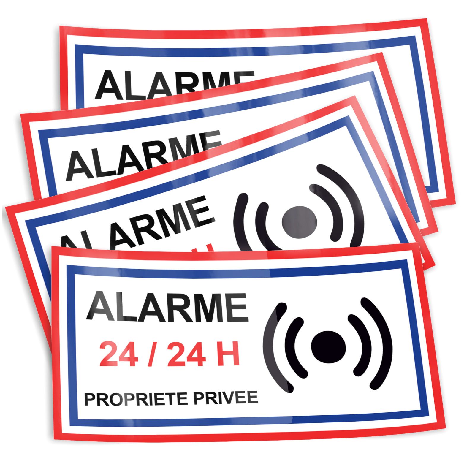 Lot de 4 Stickers Alarme 24/24 H – Format 4,5 x 9 cm – Autocollant Alarme Maison – Sécurité Fenêtre et Porte – Panneau Maison So