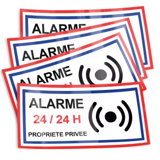 Lot de 4 Stickers Alarme 24/24 H – Format 4,5 x 9 cm – Autocollant Alarme Maison – Sécurité Fenêtre et Porte – Panneau Maison So