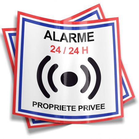 Lot de 2 Stickers Alarme 24/24 H – Format 9 x 9 cm – Sécurité Porte et Portail – Panneau Maison Sous Surveillance – Autocollant 