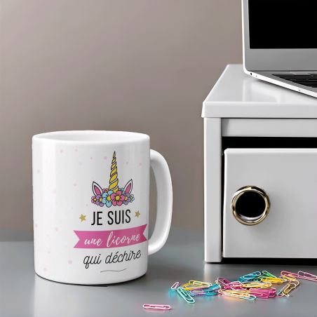 Tasse céramique rose Je suis une Licorne qui Déchire - Mug cadeau pour sa copine - Cadeau anniversaire - 33 cl, Céramique - Impr