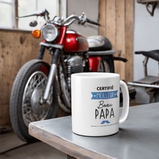 Mug Certifié Meilleur Beau Papa - Cadeau Anniversaire ou Noël pour super beau père - 33 cl, Céramique - Imprimé en France