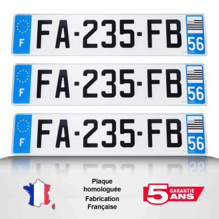 Plaque immatriculation voiture homologuée (Lot de 3) - plastique SIV 520 x 110 mm - Rivet plaque immatriculation inclus