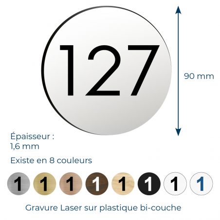 Plaque numéro de chambre pour hôtel ronde 9 cm - Gravure laser sur plastique multicouche Adhésive