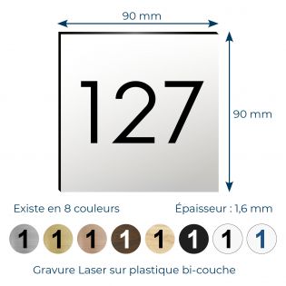 Plaque numéro de chambre d'hôtel Carré 9 x 9 cm - Gravure laser - 8 couleurs Adhésive - Plaque en plastique avec adhésif puissan