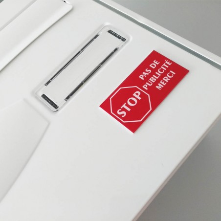 STOP PUB adhesive plate for mailbox red color white letters 8 x 4 cm - Laser engraving