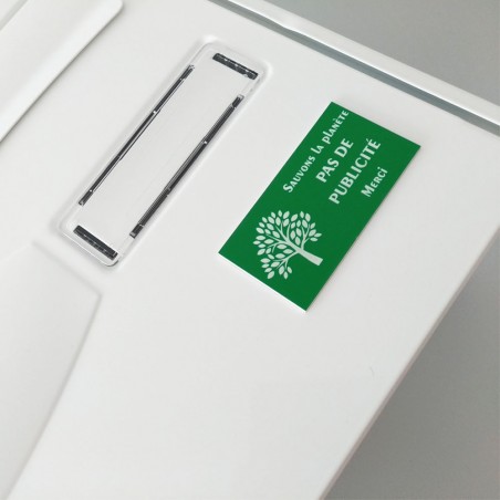 STOP PUB adhesive plate "Let's save the planet" for mailbox green color white letters 8 x 4 cm - Laser engraving