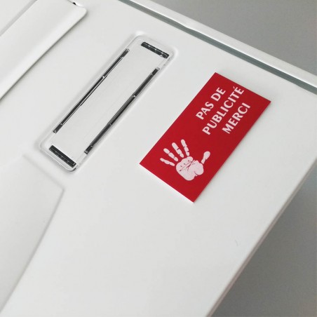 STOP PUB adhesive plate hand logo for mailbox red color white letters 8 x 4 cm - Laser engraving