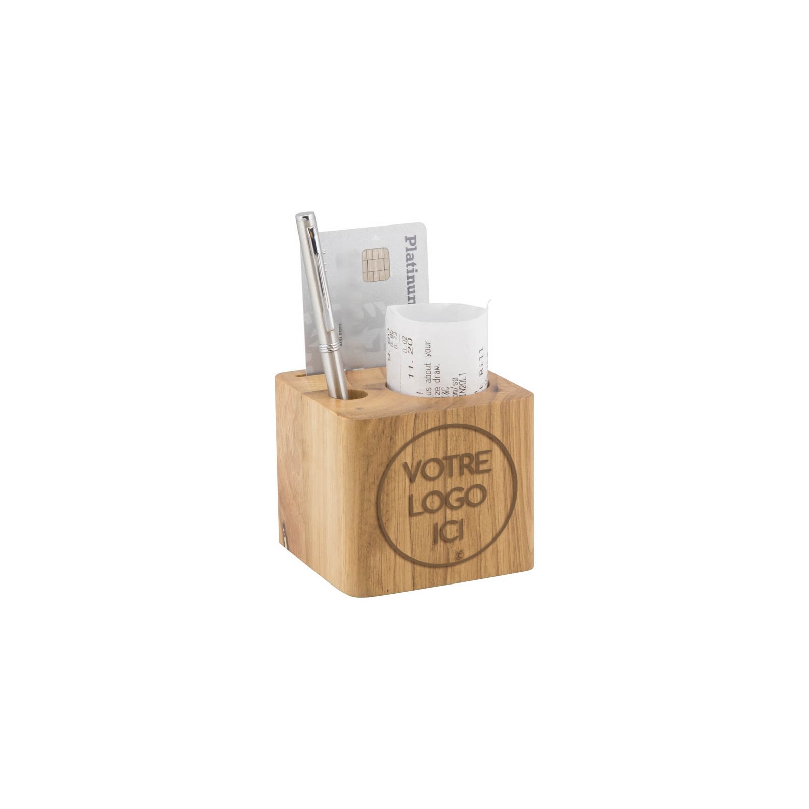 Porte-addition personnalisé par gravure laser en bois modèle Cube (stylo inclus)