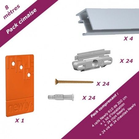 8 mètres Aluminium : Pack économique cimaise Newly R10 (rail et fixations)