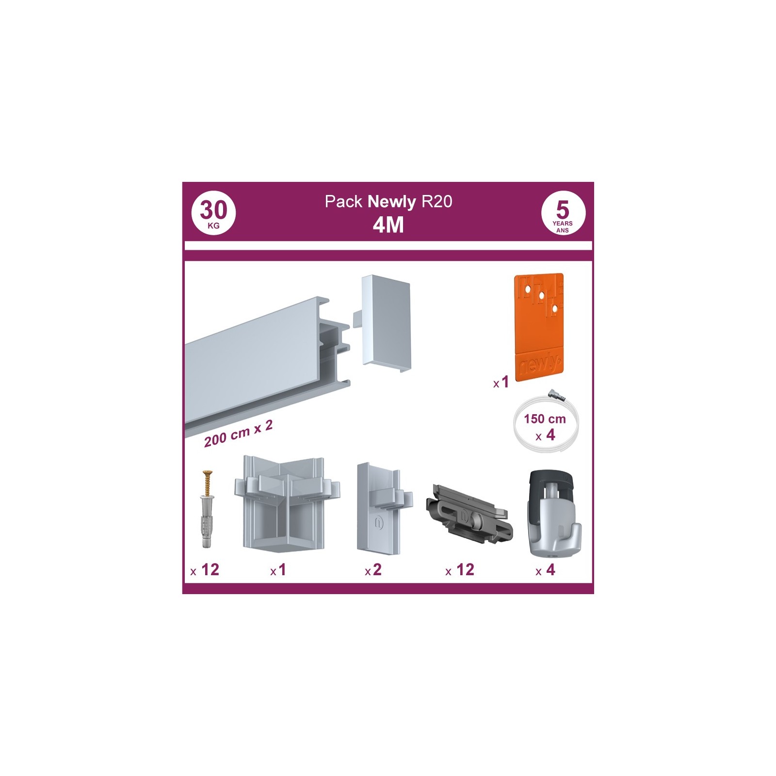 4 mètres Aluminium anodisé : Pack complet cimaise Newly R20