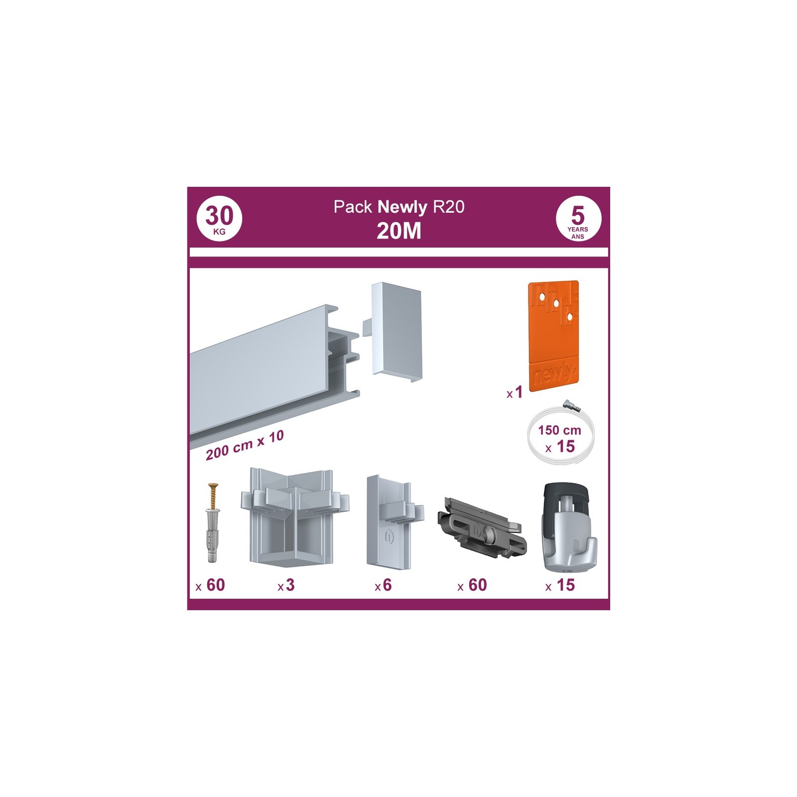 20 mètres Aluminium anodisé : Pack complet cimaise Newly R20