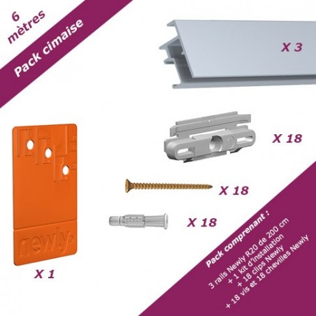 6 mètres Aluminium : Pack économique cimaise Newly R20 (rails et fixations)