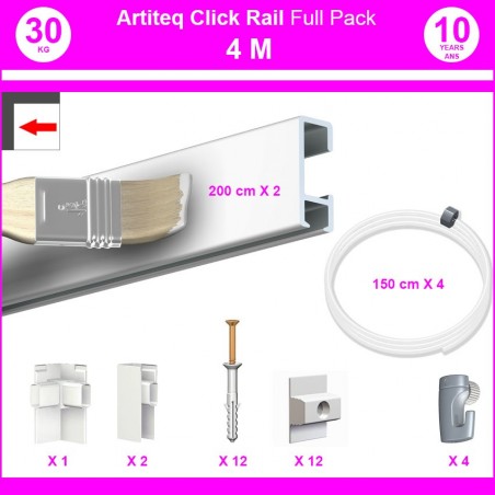 Pack Eco 4 mètres de cimaises Click Rail couleur Blanc (peut être peint) - Solution suspension cadres et tableaux