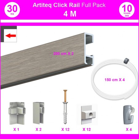 Pack Eco 4 mètres de cimaises Click Rail couleur Aluminium - Solution suspension cadres et tableaux