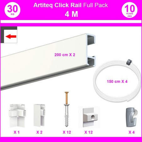 Pack Eco 4 mètres de cimaises Click Rail couleur Blanc laqué (RAL9010) - Solution suspension cadres et tableaux