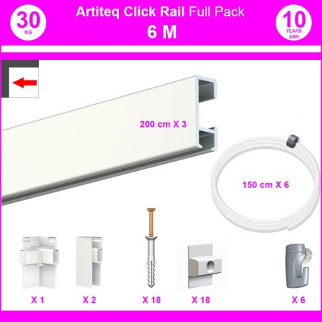 Pack Eco 6 mètres de cimaises Click Rail couleur Blanc laqué (RAL9010) - Solution suspension cadres et tableaux