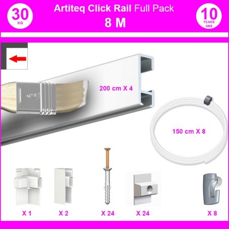 Pack Eco 8 mètres de cimaises Click Rail couleur Blanc (peut être peint) - Solution suspension cadres et tableaux