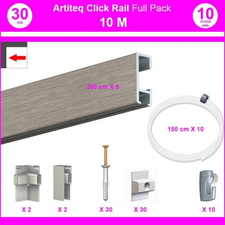 Pack Eco 10 mètres de cimaises Click Rail couleur Aluminium - Solution suspension cadres et tableaux