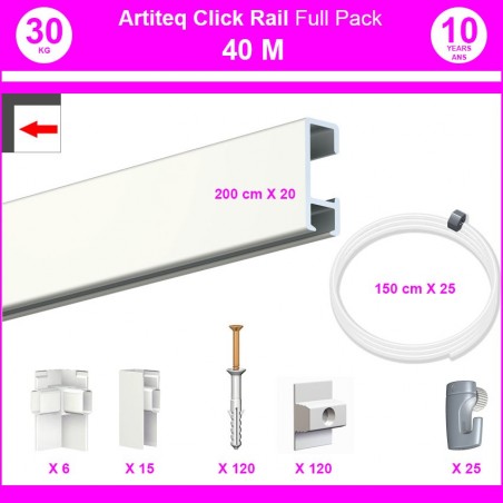 Pack Eco 40 mètres de cimaises Click Rail couleur Blanc laqué (RAL9010) - Solution suspension cadres et tableaux