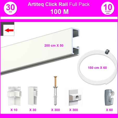 Pack Eco 100 mètres de cimaises Click Rail couleur Blanc laqué (RAL9010) - Solution suspension cadres et tableaux