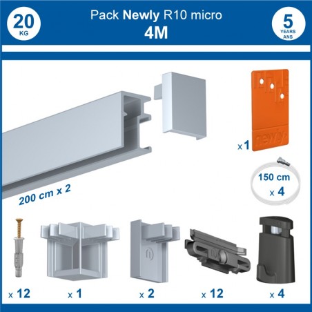 Pack complet 4 mètres cimaises R10 MICRO PERLON couleur Aluminium anodisé