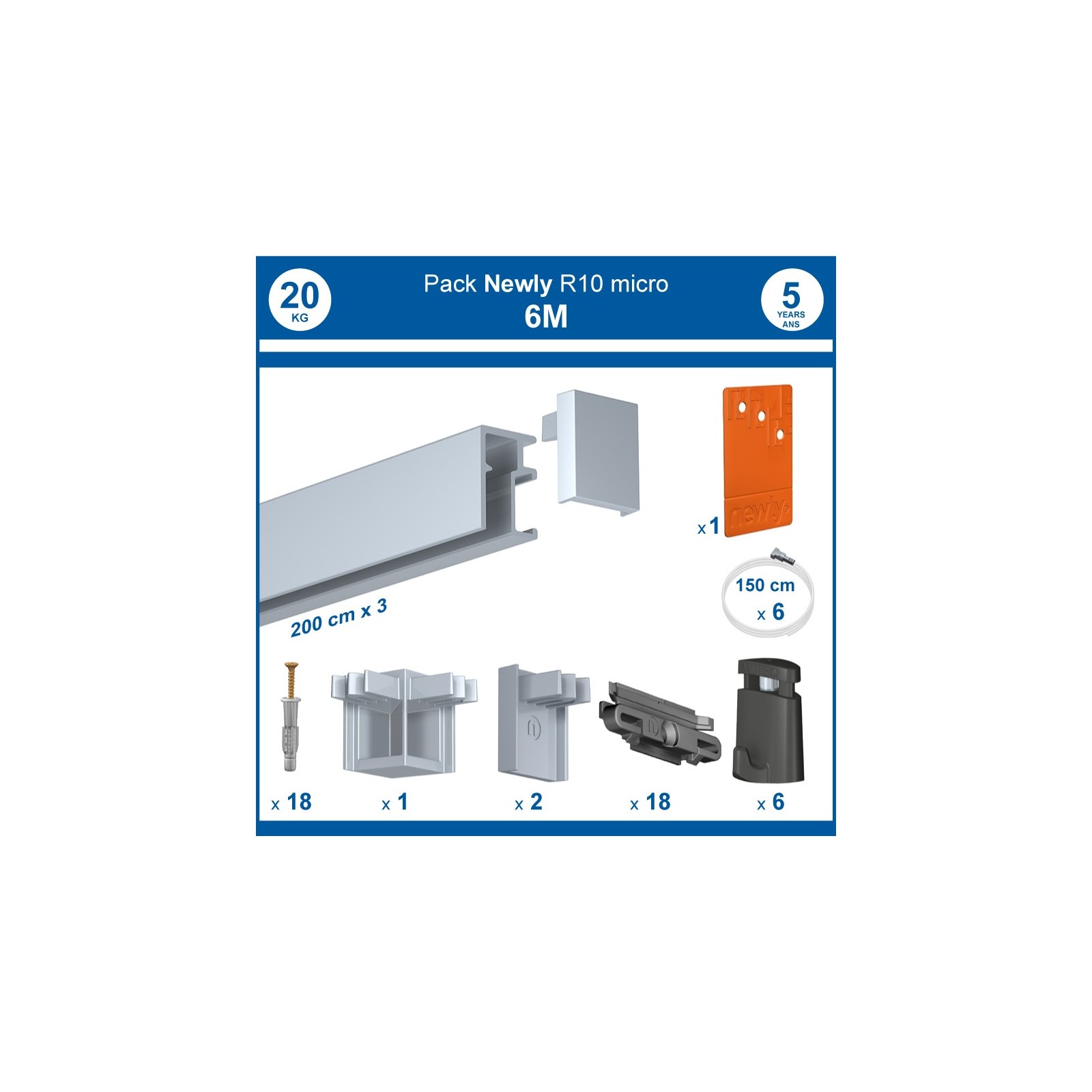 Pack complet 6 mètres cimaises R10 MICRO PERLON couleur Aluminium anodisé