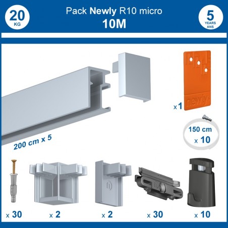 Pack complet 10 mètres cimaises R10 MICRO PERLON couleur Aluminium anodisé