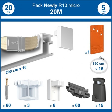 Pack complet 20 mètres cimaises R10 MICRO PERLON couleur Blanc (peut être peint)