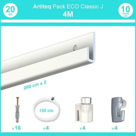 Pack complet 4 mètres cimaise Classic J couleur Blanc laqué - Suspension et déplacement facile de cadres et tableaux