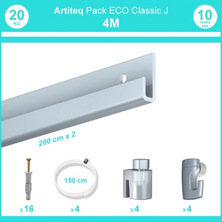 Pack complet 4 mètres cimaise Classic J couleur Aluminium - Suspension et déplacement facile de cadres et tableaux