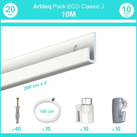 Pack complet 10 mètres cimaise Classic J couleur Blanc laqué - Suspension et déplacement facile de cadres et tableaux