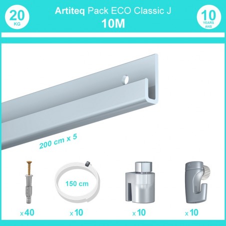 Pack complet 10 mètres cimaise Classic J couleur Aluminium - Suspension et déplacement facile de cadres et tableaux