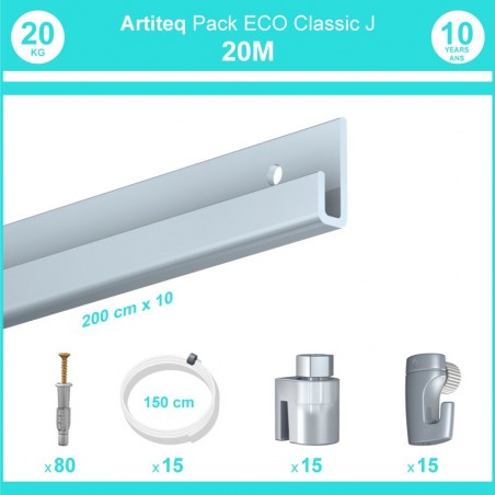 Pack complet 20 mètres cimaise Classic J couleur Aluminium - Suspension et déplacement facile de cadres et tableaux