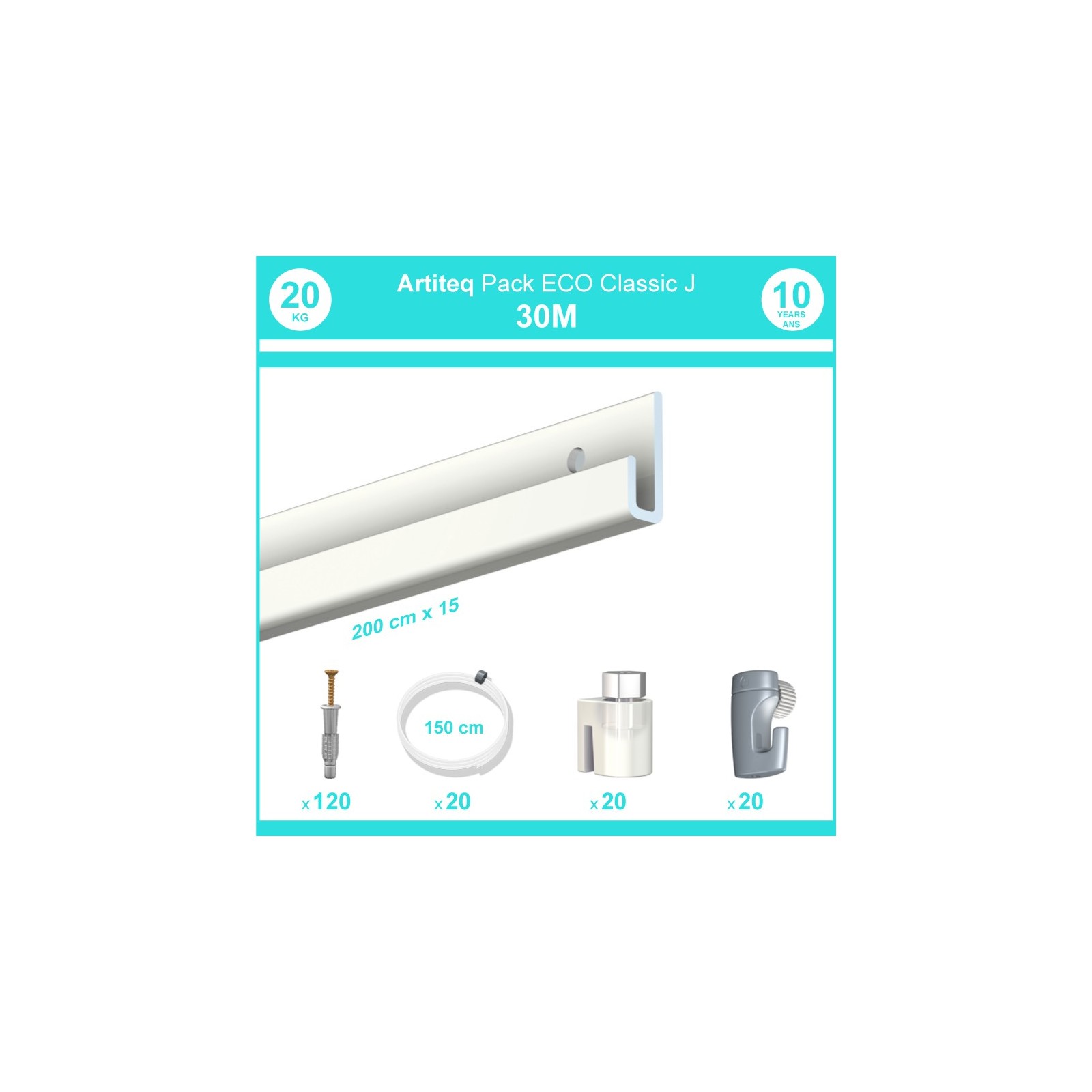 Pack complet 30 mètres cimaise Classic J couleur Blanc laqué - Suspension et déplacement facile de cadres et tableaux