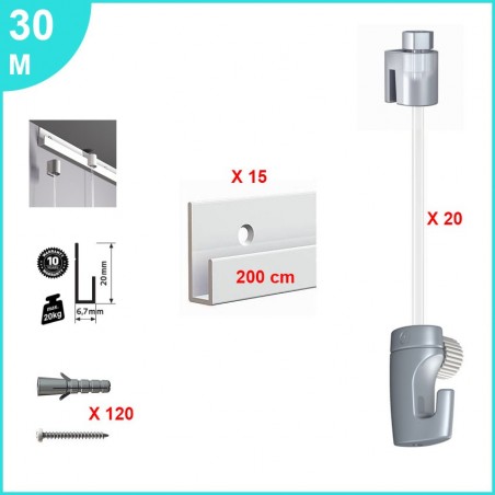 Pack complet 30 mètres cimaise Classic J couleur Aluminium - Suspension et déplacement facile de cadres et tableaux