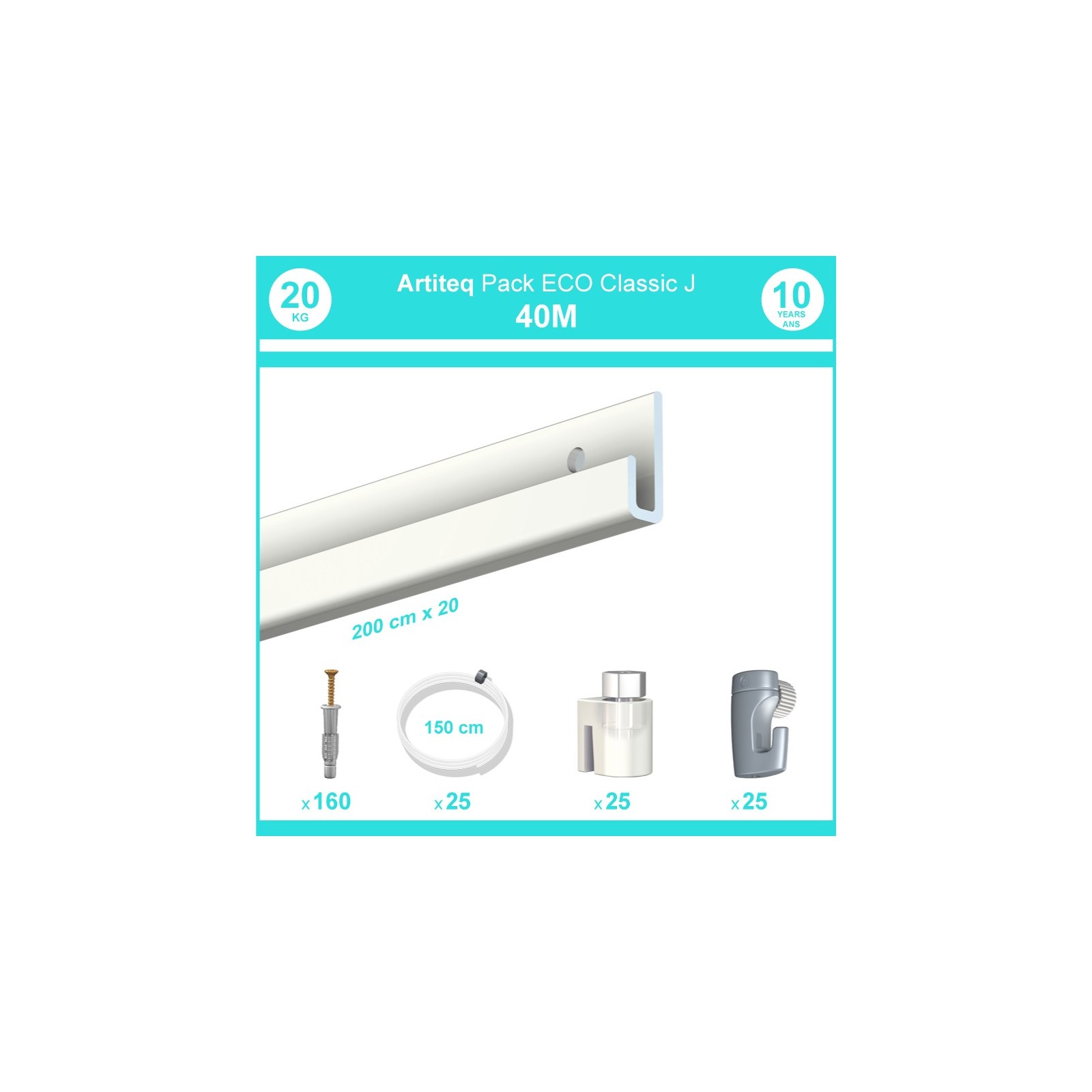 Pack complet 40 mètres cimaise Classic J couleur Blanc laqué - Suspension et déplacement facile de cadres et tableaux