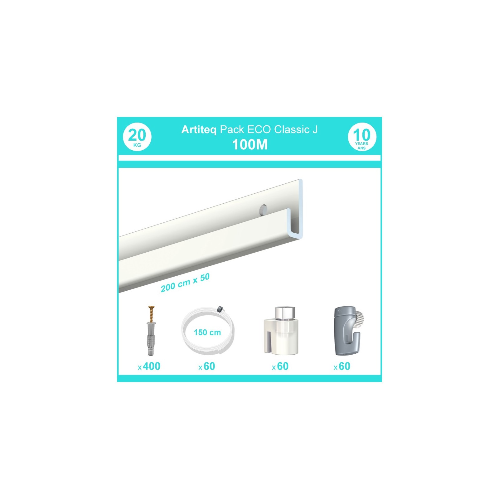 Pack complet 100 mètres cimaise Classic J couleur Blanc laqué - Suspension et déplacement facile de cadres et tableaux