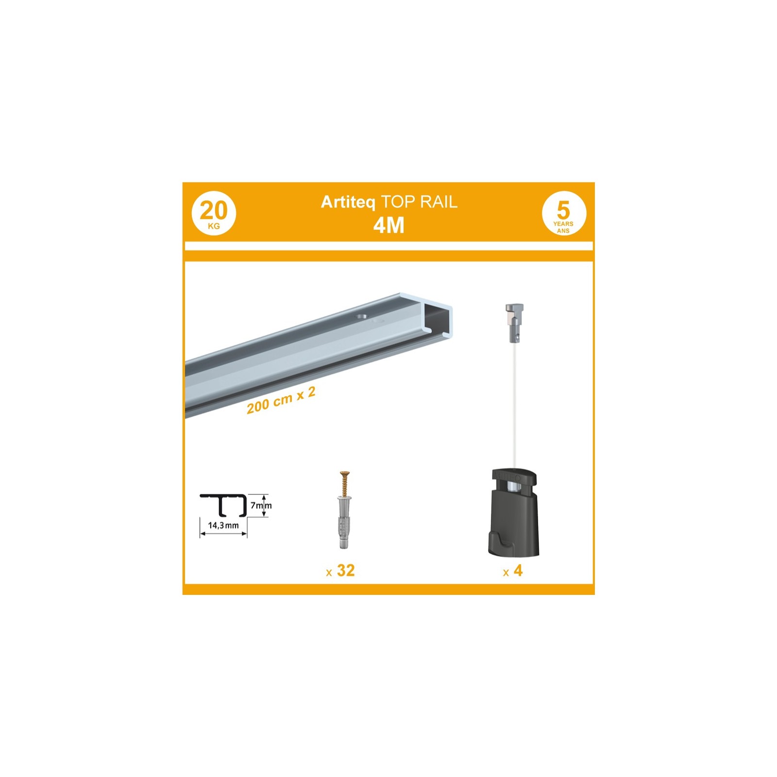 Pack 4 mètres cimaises Top Rail couleur Aluminium anodisé - Cimaise rail plafond pour suspension cadres et tableaux