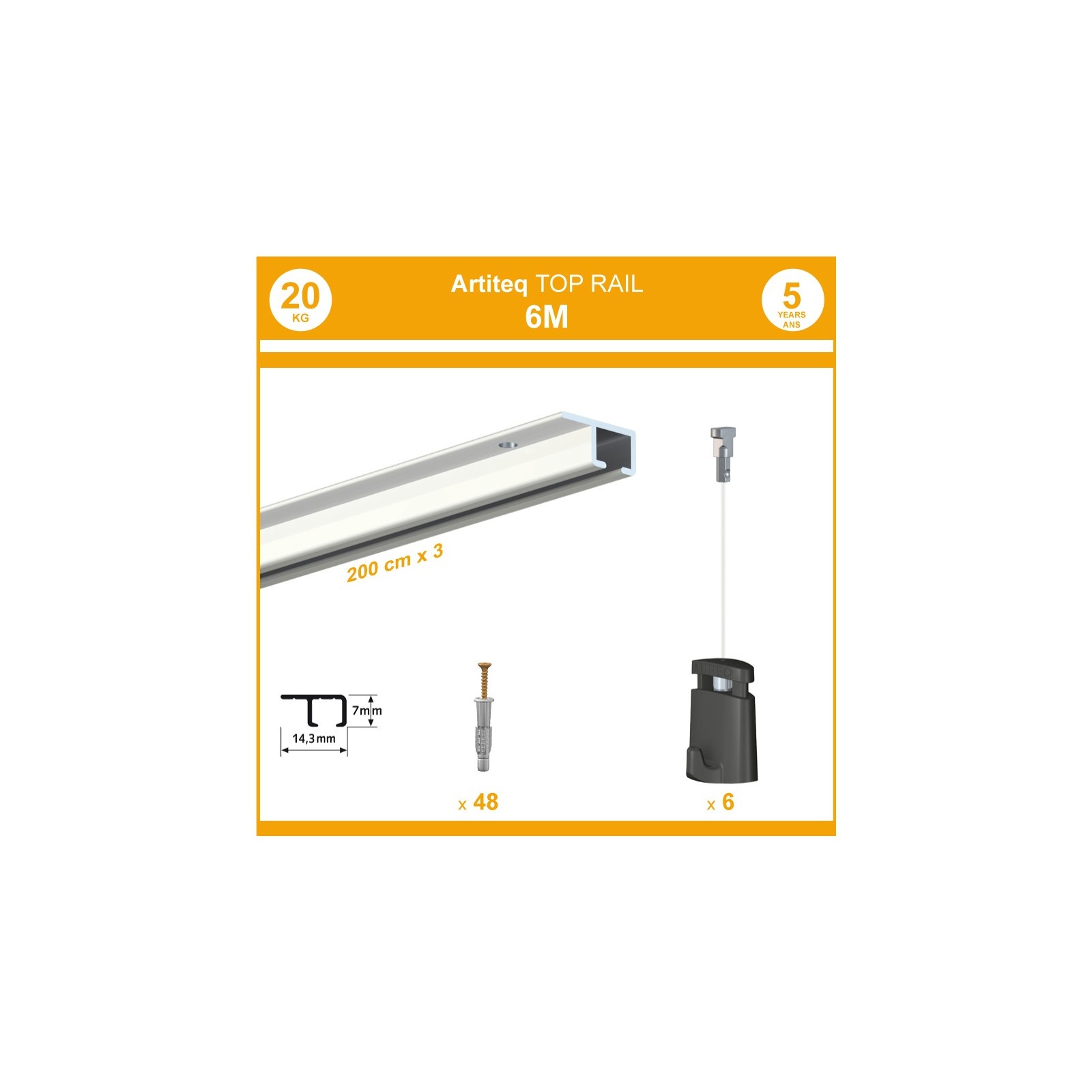 Pack 6 mètres cimaises Top Rail couleur Blanc - Cimaise rail plafond pour suspension cadres et tableaux