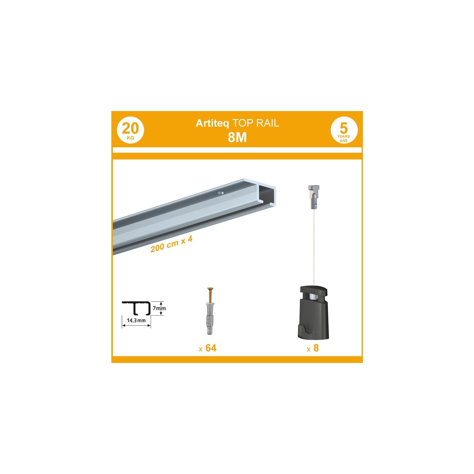 Pack 8 mètres cimaises Top Rail couleur Aluminium anodisé - Cimaise rail plafond pour suspension cadres et tableaux