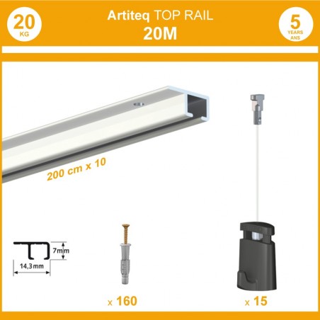 Pack 20 mètres cimaises Top Rail couleur Blanc - Cimaise rail plafond pour suspension cadres et tableaux