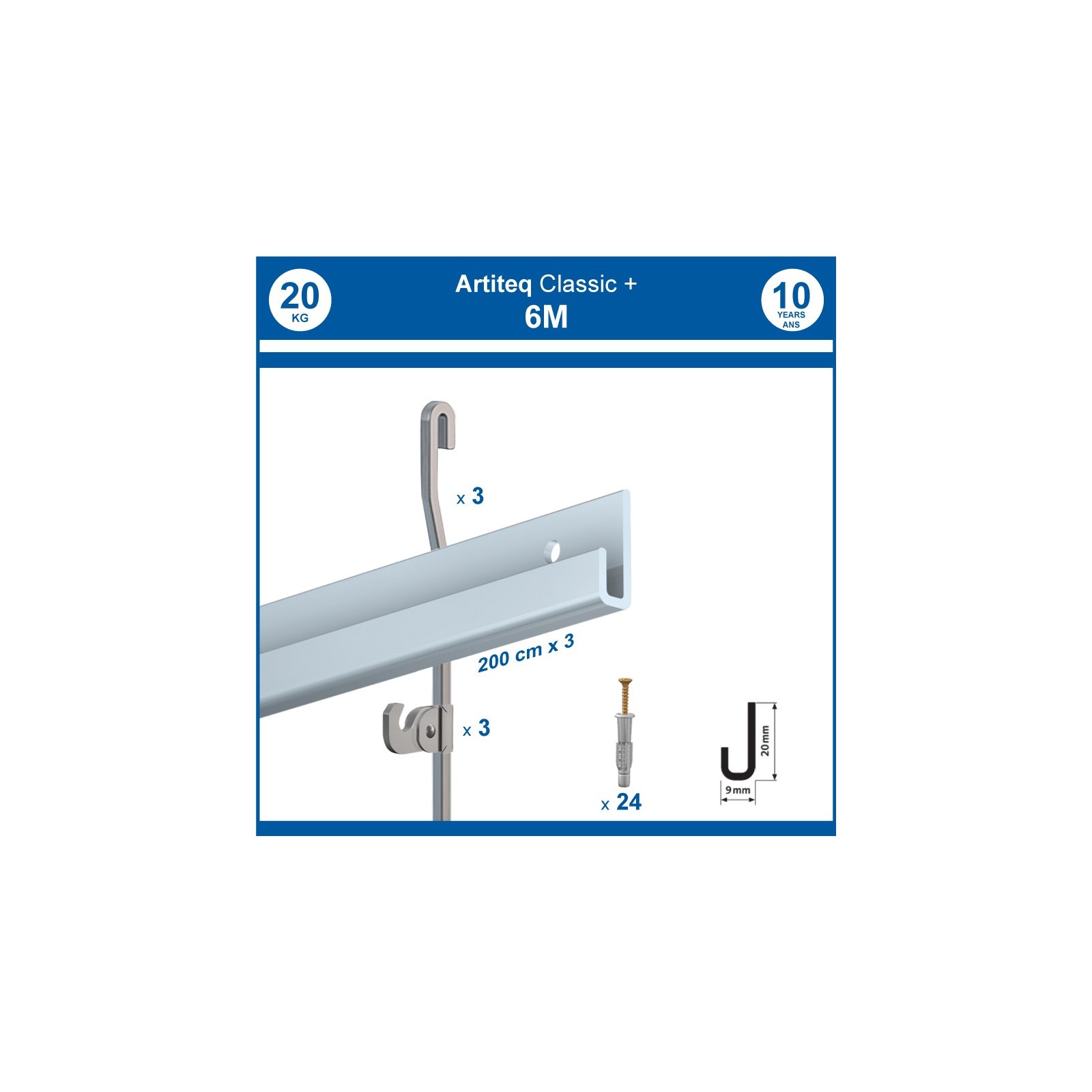 Pack 6 mètres cimaises Classic + Gallery couleur Aluminium - Solution d'accrochage pour décoration murale lourde