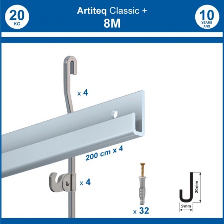 Pack 8 mètres cimaises Classic + Gallery couleur Aluminium - Solution d'accrochage pour décoration murale lourde