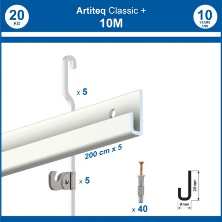 Pack 10 mètres cimaises Classic + Gallery couleur Blanc - Solution d'accrochage pour décoration murale lourde