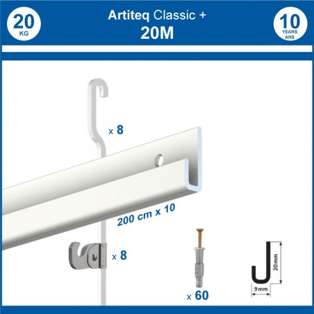 Pack 20 mètres cimaises Classic + Gallery couleur Blanc - Solution d'accrochage pour décoration murale lourde